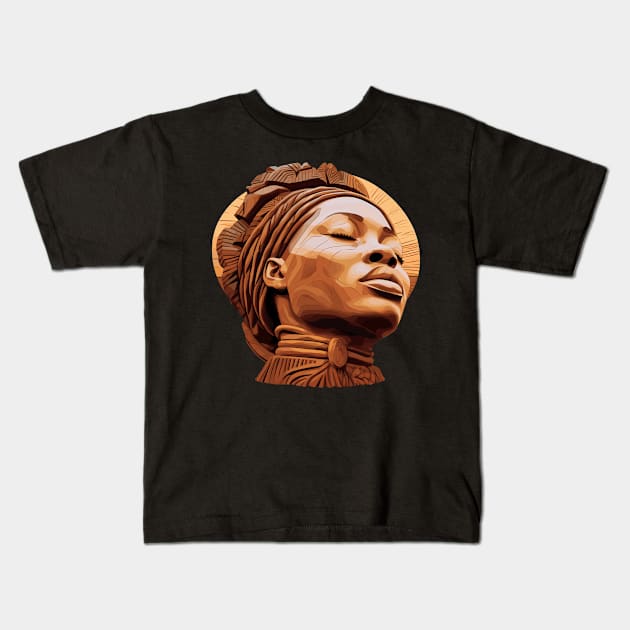 Wooden Carving of a Braided African Woman Kids T-Shirt by Graceful Designs